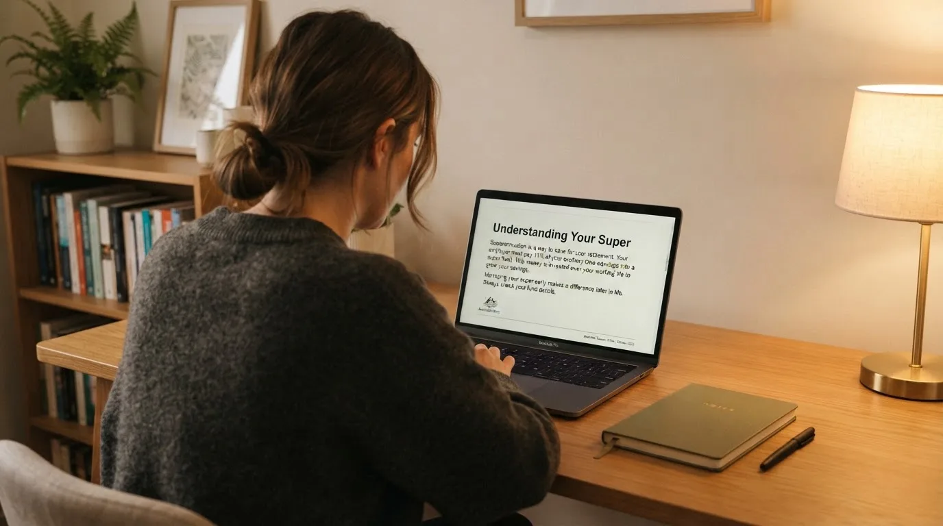 A person at a laptop reading a plain-language explainer article at a home desk.