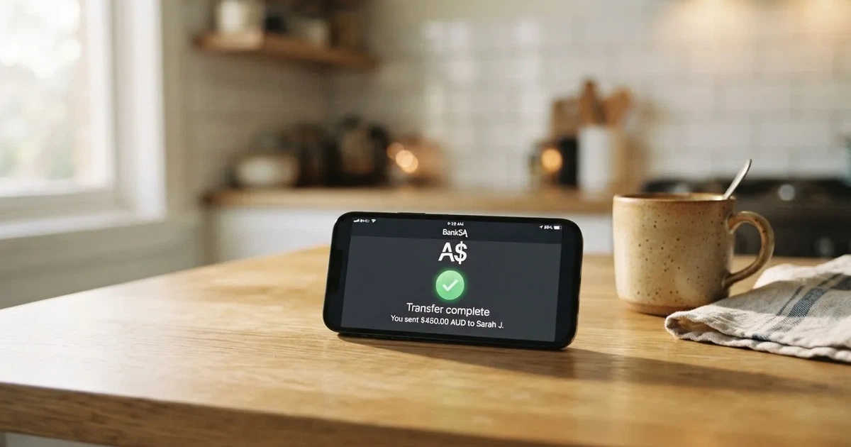 A close-up of a banking app on a smartphone showing a same-day transfer confirmation on a kitchen table.