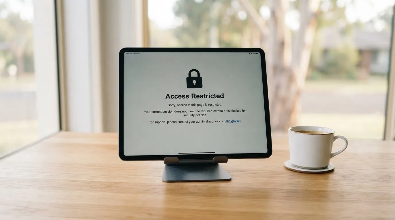 A tablet screen displaying an official regulator warning notice on a desk beside a coffee cup.