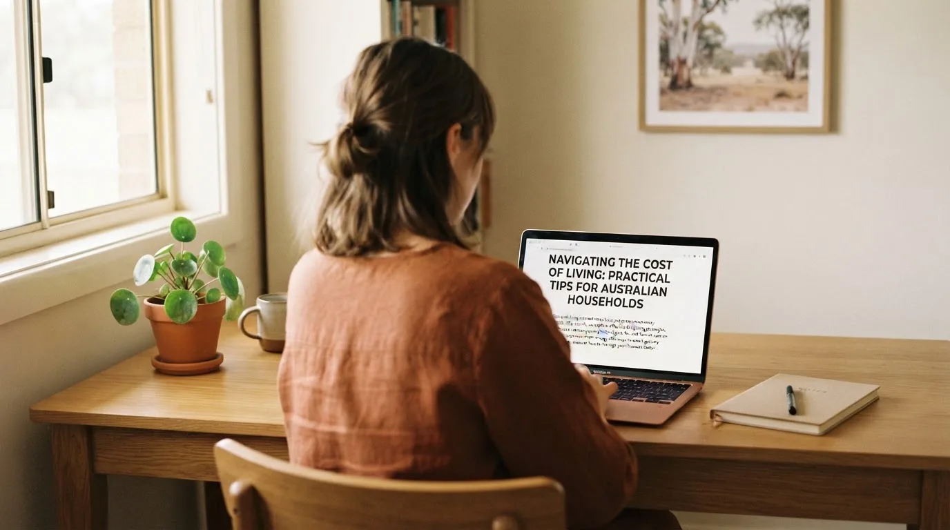 A person at a laptop reading a plain-language explainer article at a home desk.