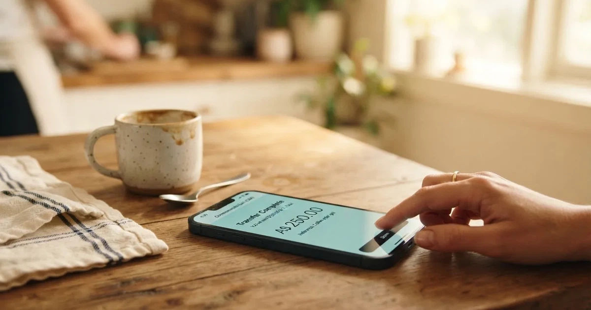 A close-up of a banking app on a smartphone showing a same-day transfer confirmation on a kitchen table.