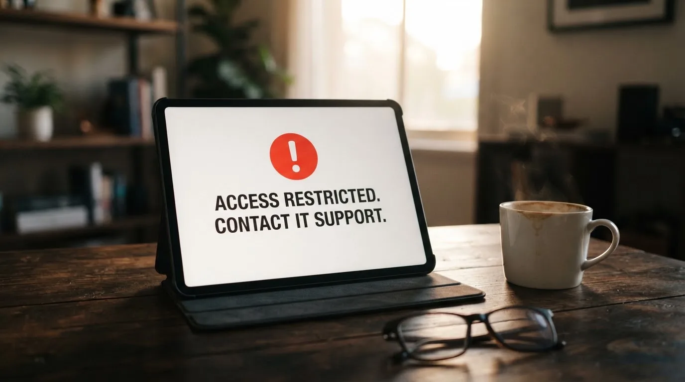 A tablet screen displaying an official regulator warning notice on a desk beside a coffee cup.