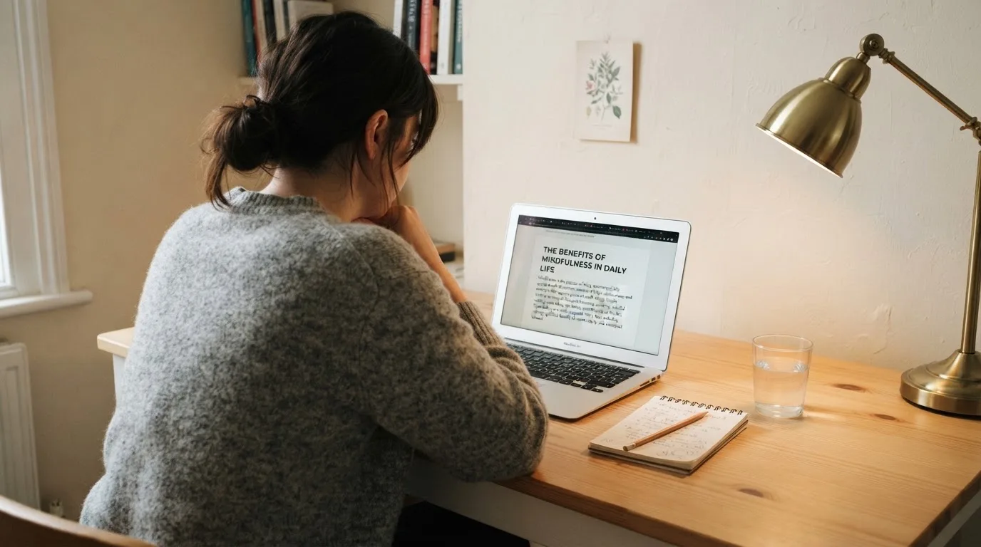 A person at a laptop reading a plain-language explainer article at a home desk.