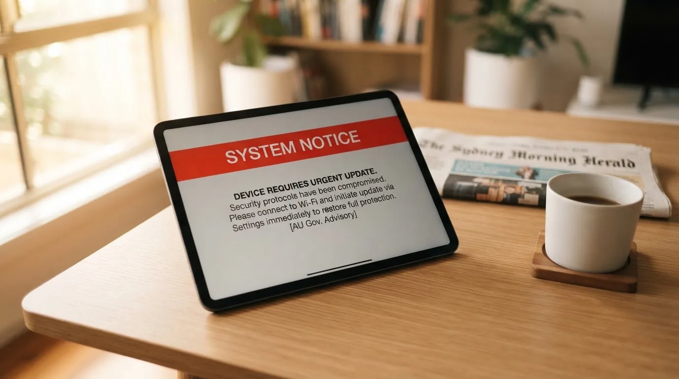 A tablet screen displaying an official regulator warning notice on a desk beside a coffee cup.