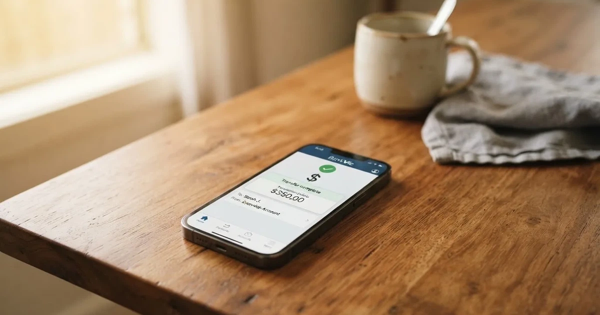 A close-up of a banking app on a smartphone showing a same-day transfer confirmation on a kitchen table.