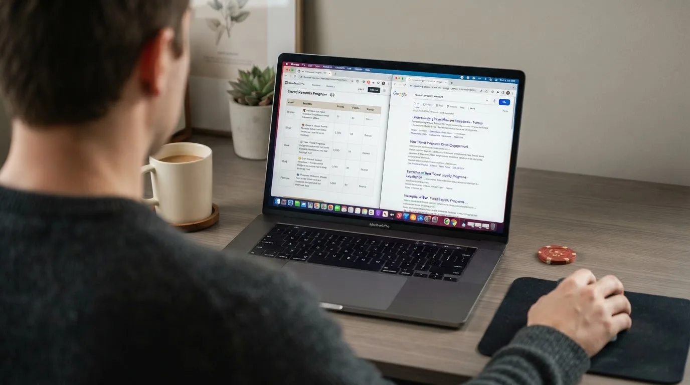 A laptop screen split between two browser tabs, one showing a comparison table and the other a search results page.