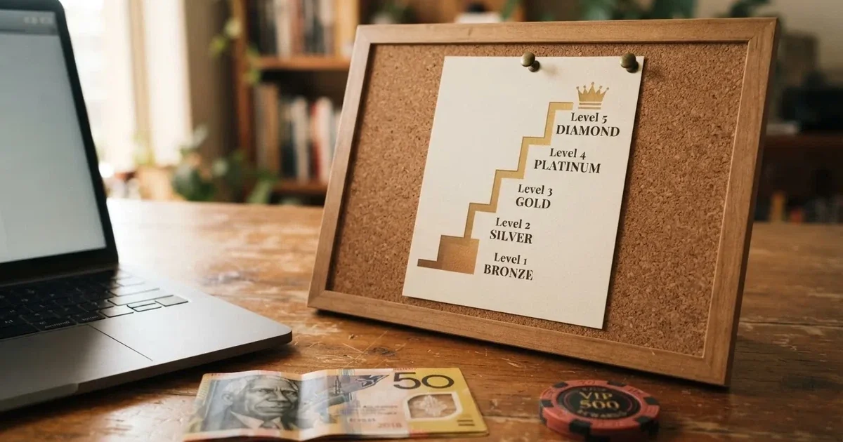 A gold-coloured tier chart pinned to a corkboard next to a laptop keyboard.