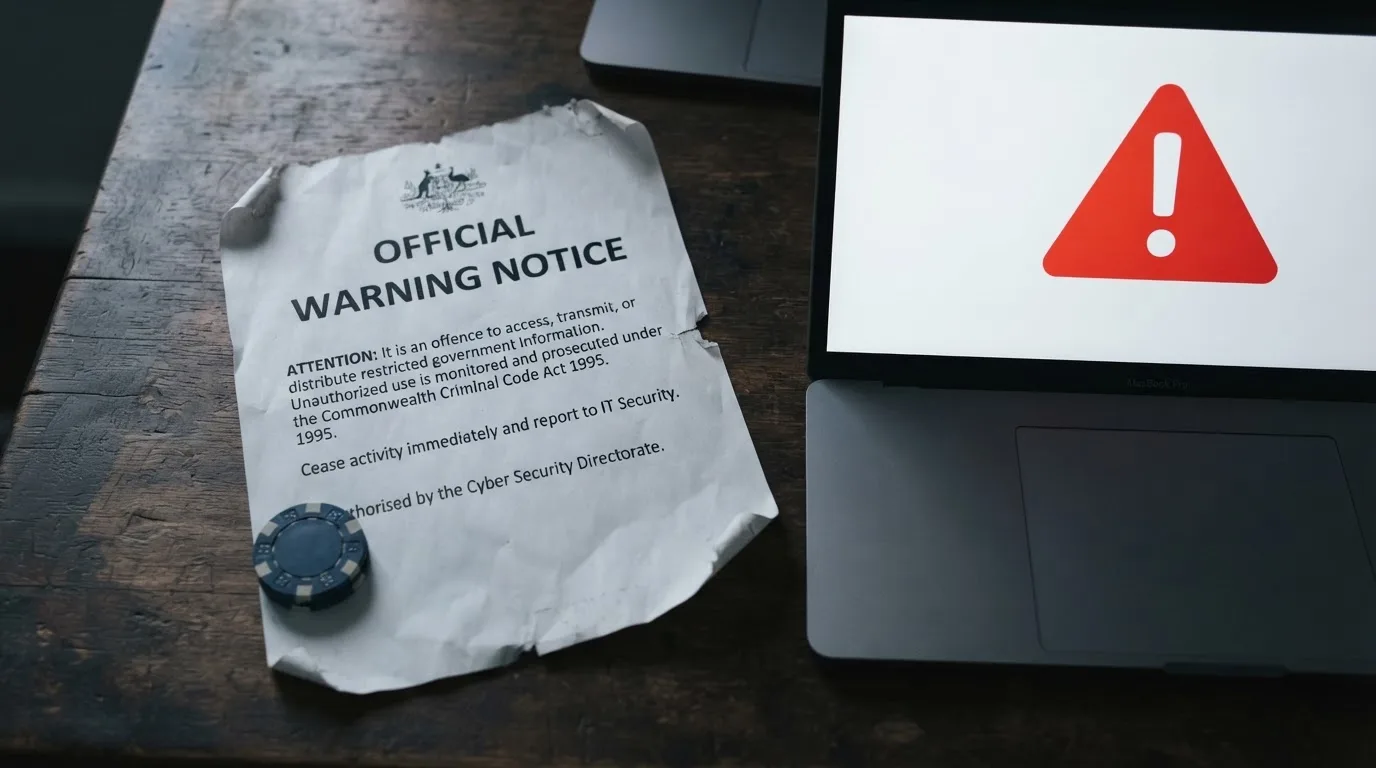 A printed government warning notice on a desk beside a laptop with a red alert icon on the screen.