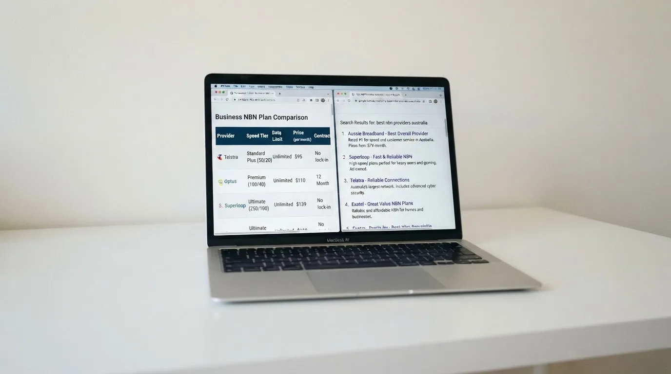 A laptop screen split between two browser tabs, one showing a comparison table and the other a search results page.