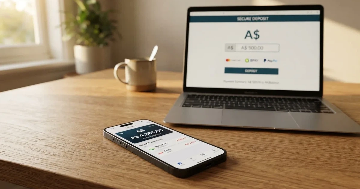 A smartphone screen showing a digital wallet balance next to a laptop cashier page.