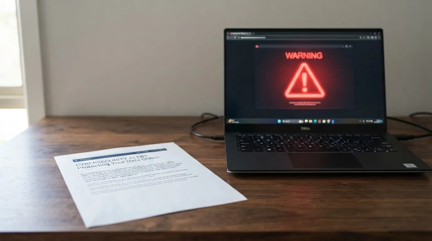 A printed government warning notice on a desk beside a laptop with a red alert icon on the screen.
