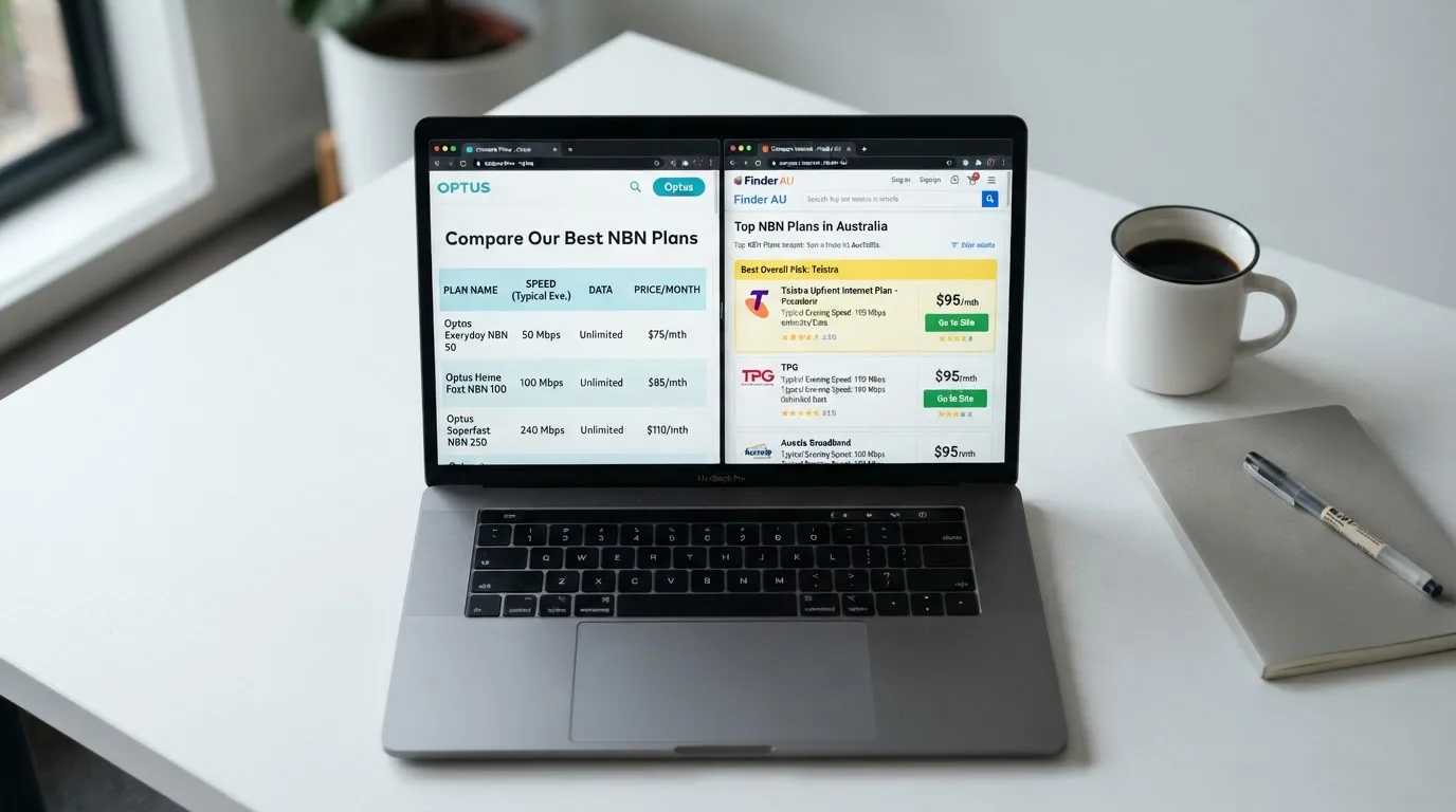 A laptop screen split between two browser tabs, one showing a comparison table and the other a search results page.