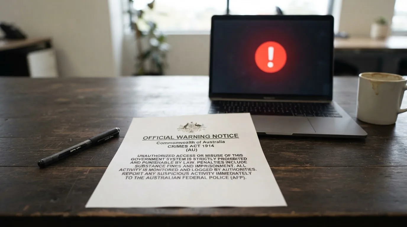 A printed government warning notice on a desk beside a laptop with a red alert icon on the screen.