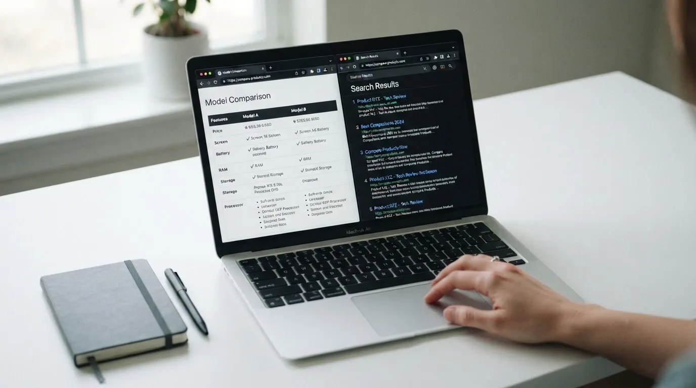 A laptop screen split between two browser tabs, one showing a comparison table and the other a search results page.