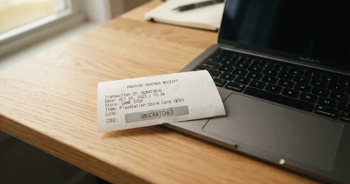 A printed prepaid voucher receipt lying beside a laptop keyboard.