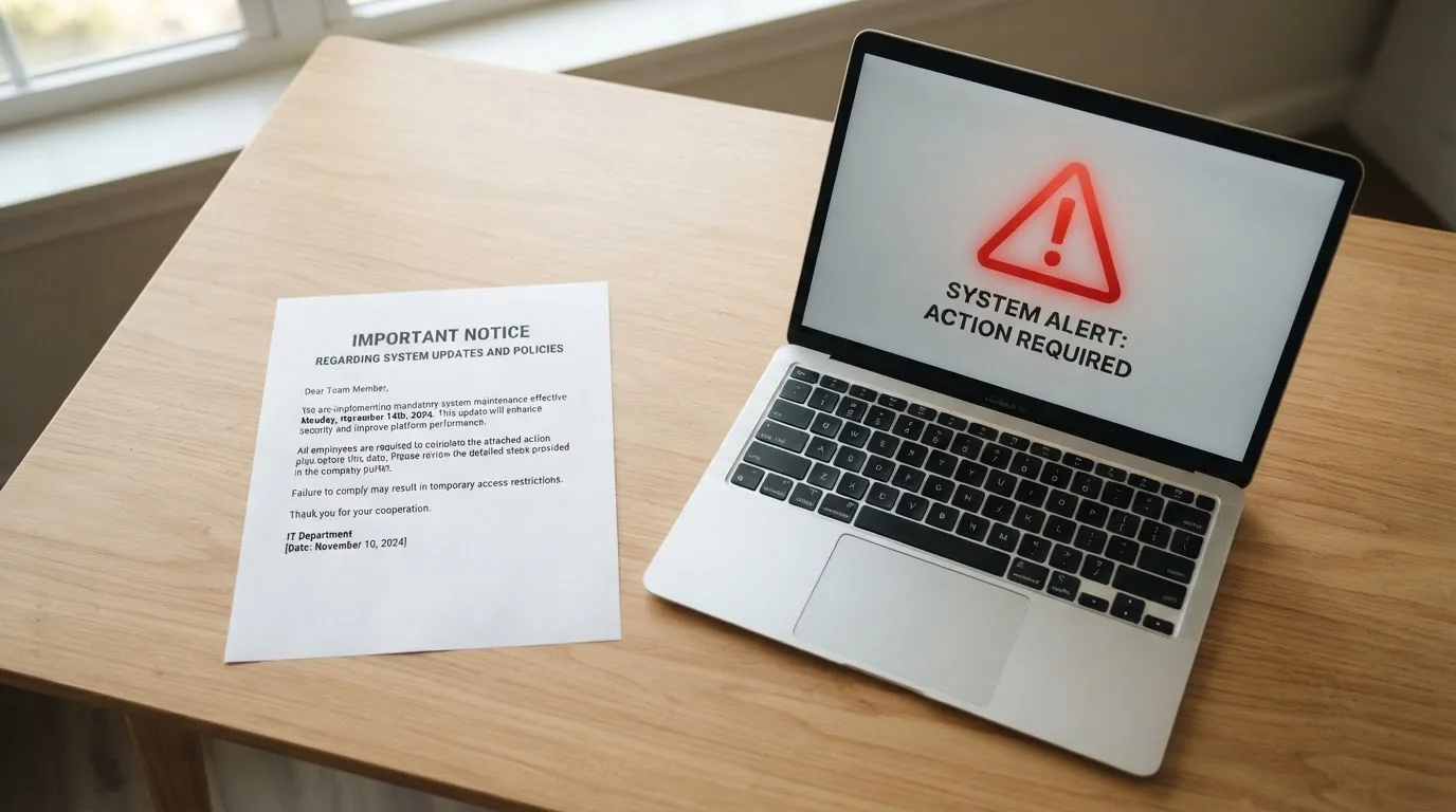 A printed government warning notice on a desk beside a laptop with a red alert icon on the screen.
