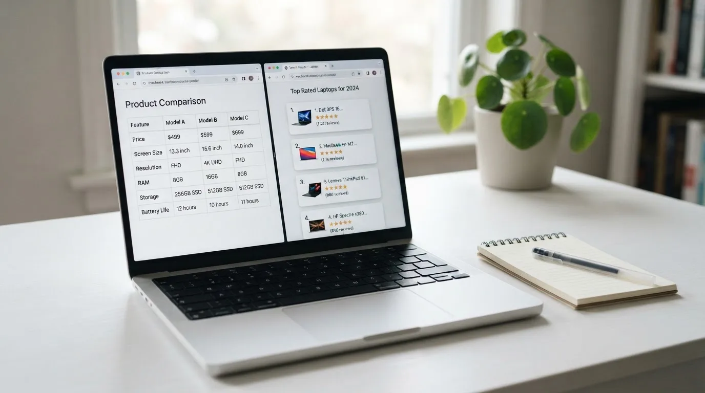 A laptop screen split between two browser tabs, one showing a comparison table and the other a search results page.