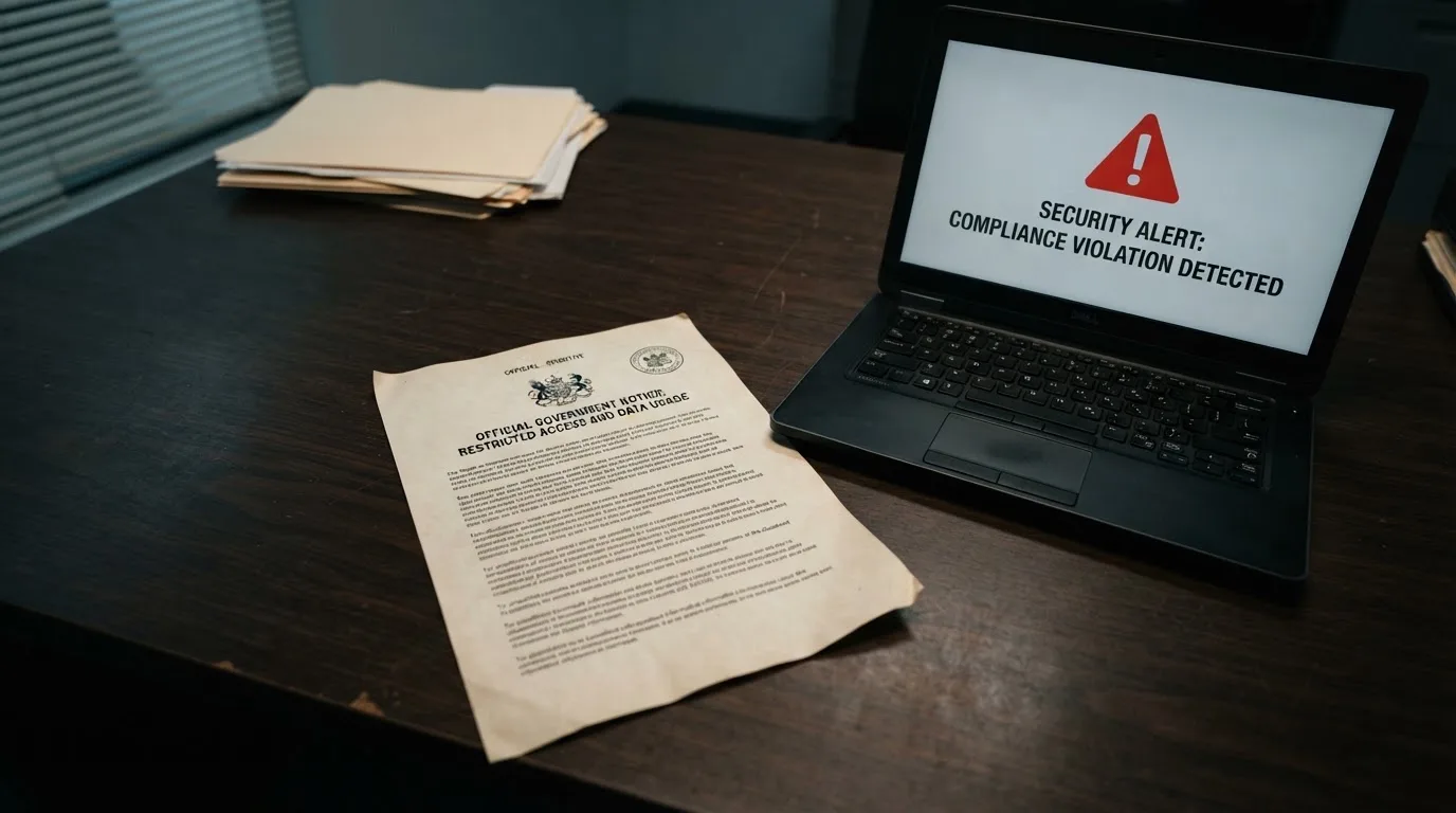 A printed government warning notice on a desk beside a laptop with a red alert icon on the screen.