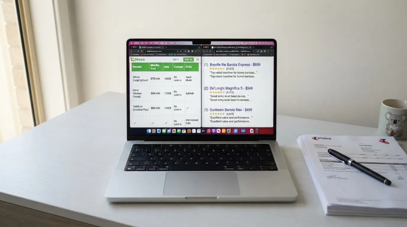 A laptop screen split between two browser tabs, one showing a comparison table and the other a search results page.
