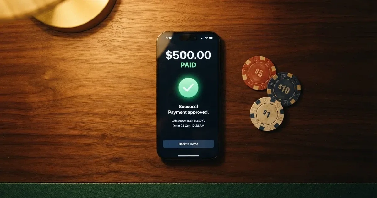 A phone displaying a bank transfer confirmation screen next to a stack of Australian dollar notes.