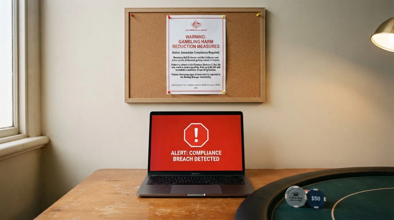 A printed government warning notice on a desk beside a laptop with a red alert icon on the screen.