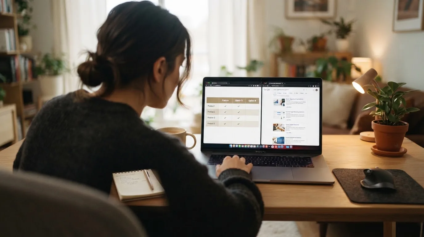 A laptop screen split between two browser tabs, one showing a comparison table and the other a search results page.