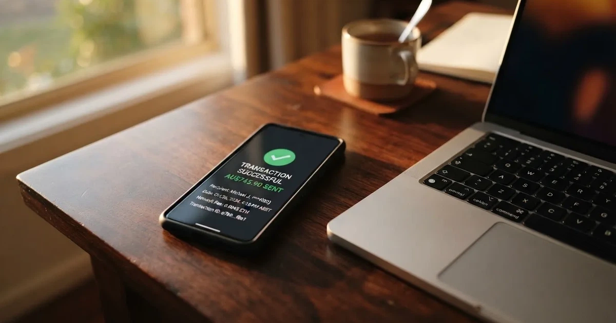 A phone displaying a blockchain transaction confirmation screen next to a laptop keyboard.