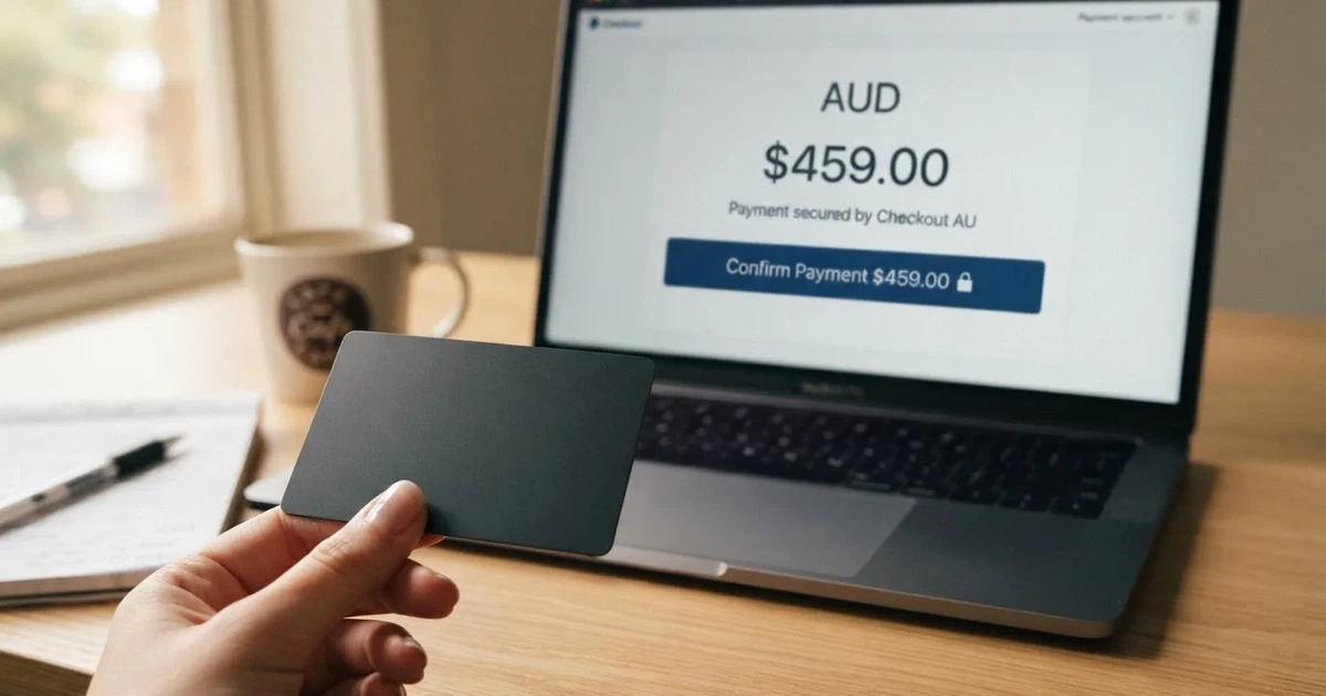 A hand holding a bank card next to a laptop showing an online payment form.