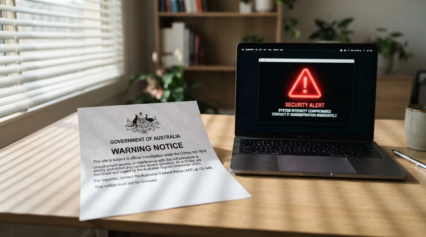 A printed government warning notice on a desk beside a laptop with a red alert icon on the screen.
