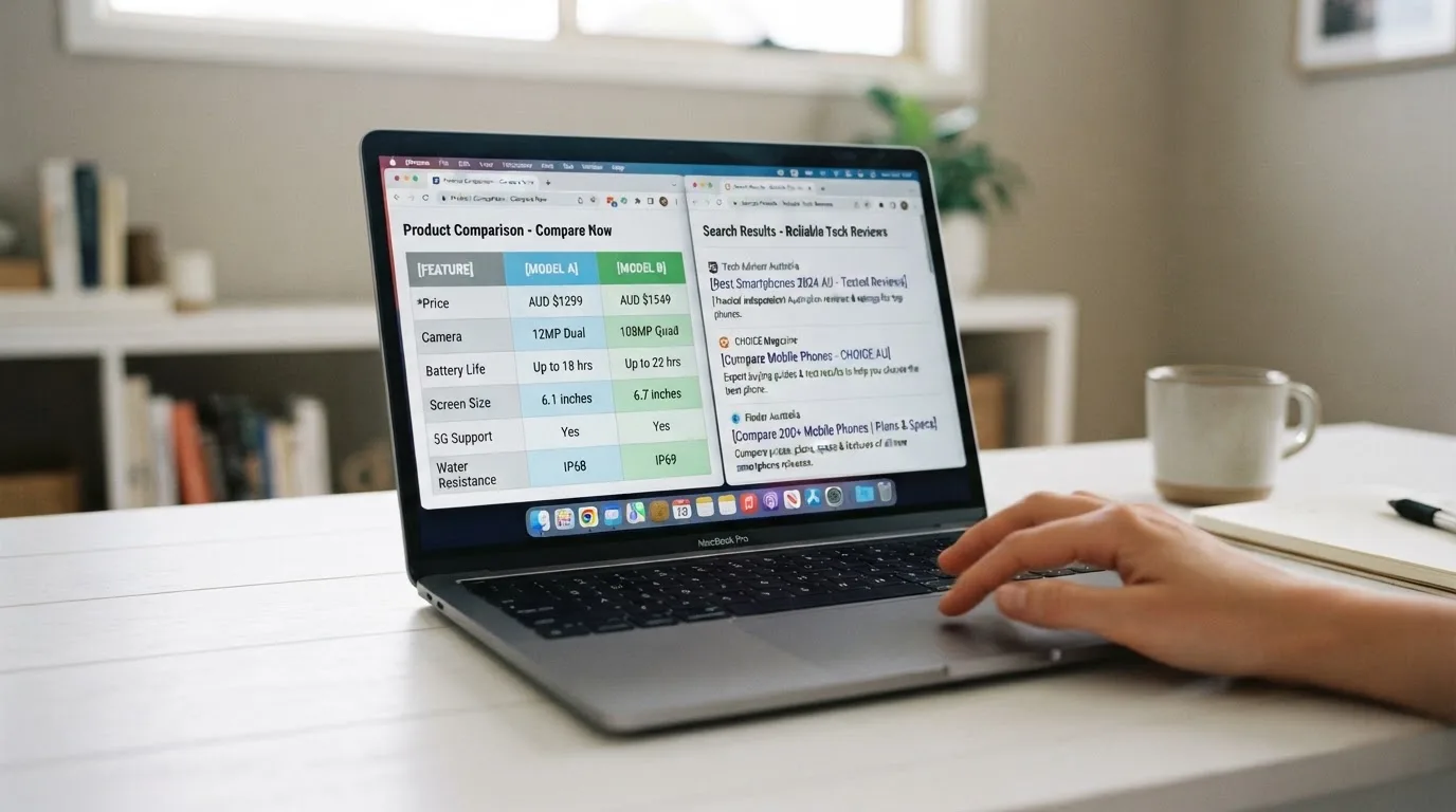 A laptop screen split between two browser tabs, one showing a comparison table and the other a search results page.