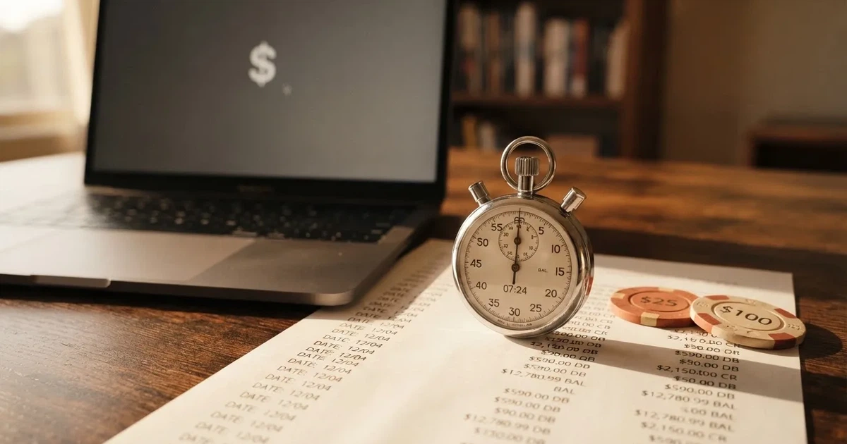 A stopwatch sitting on top of a bank statement next to a laptop keyboard.