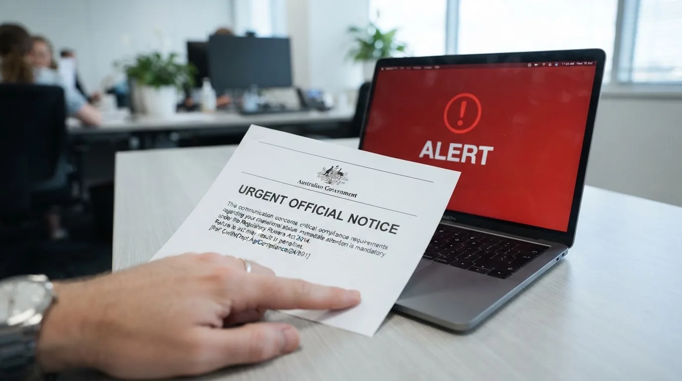 A printed government warning notice on a desk beside a laptop with a red alert icon on the screen.
