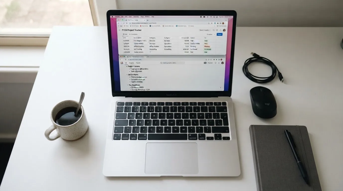 A laptop screen split between two browser tabs, one showing a comparison table and the other a search results page.