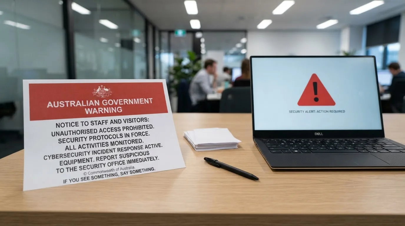 A printed government warning notice on a desk beside a laptop with a red alert icon on the screen.