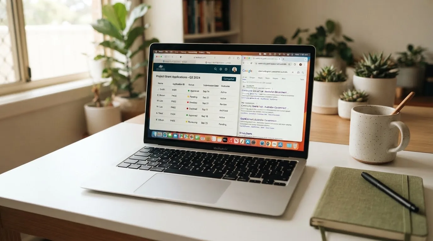 A laptop screen split between two browser tabs, one showing a comparison table and the other a search results page.