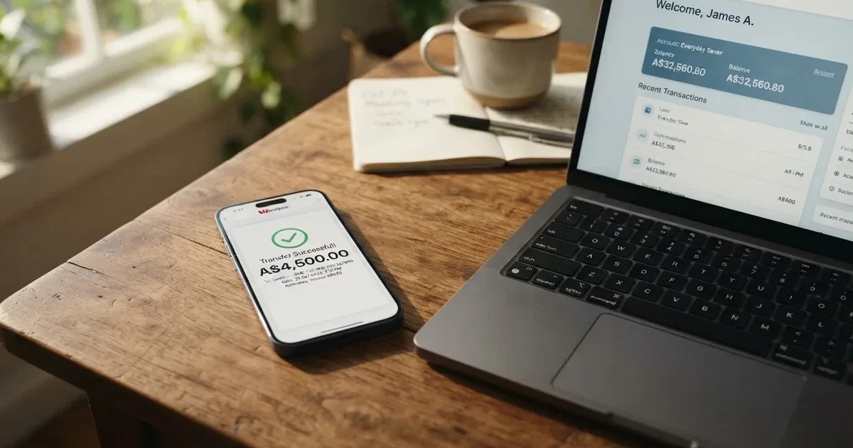 A phone showing a PayID-style bank transfer confirmation next to a laptop.