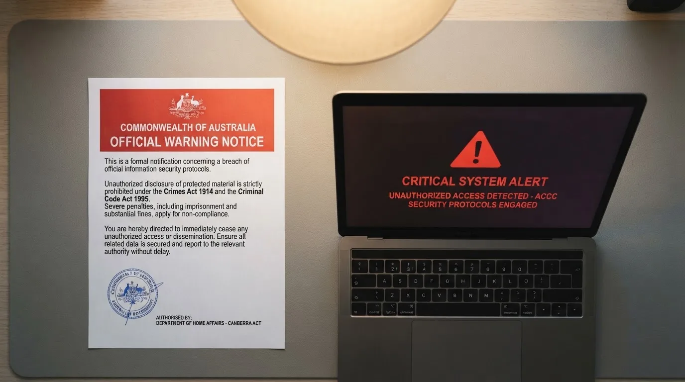A printed government warning notice on a desk beside a laptop with a red alert icon on the screen.