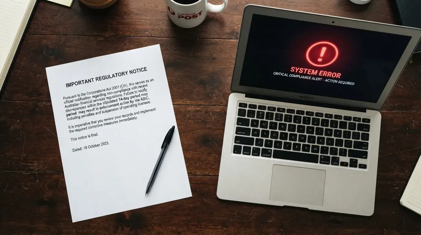 A printed government warning notice on a desk beside a laptop with a red alert icon on the screen.