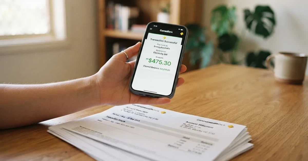 A hand holding a phone showing a cleared balance next to a stack of printed bank statements.