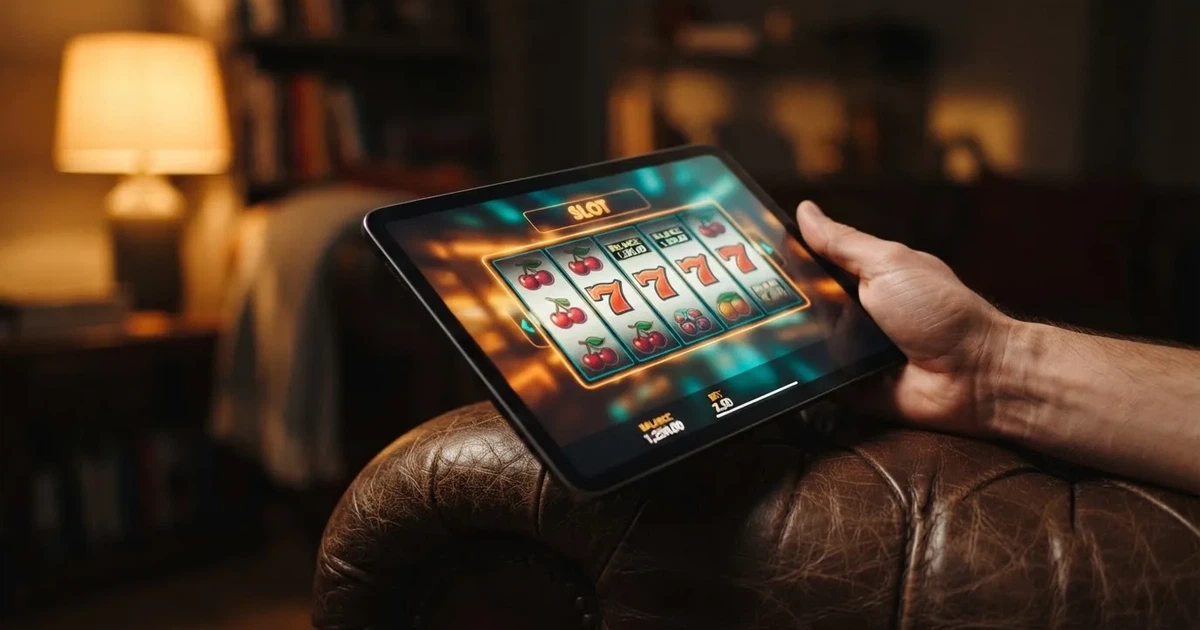 A hand holding a tablet with a touchscreen keypad displayed, resting on a couch armrest.