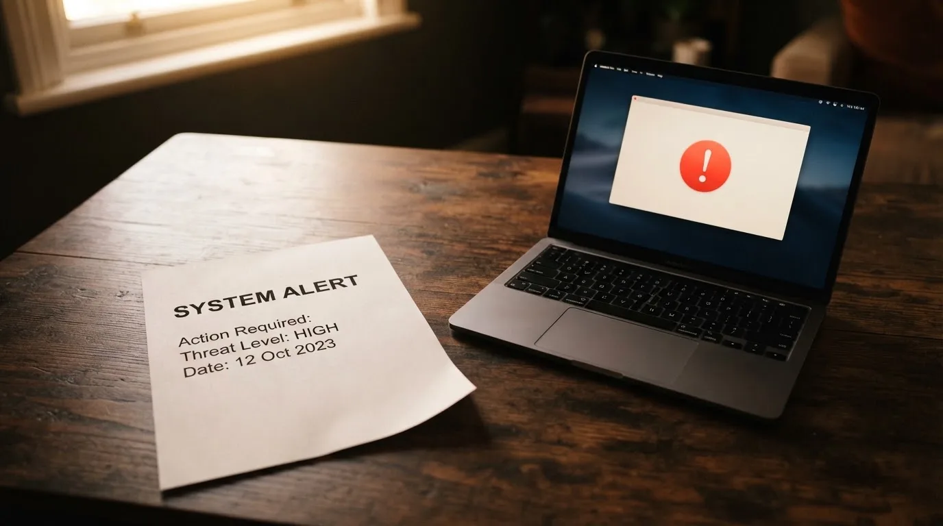 A printed government warning notice on a desk beside a laptop with a red alert icon on the screen.