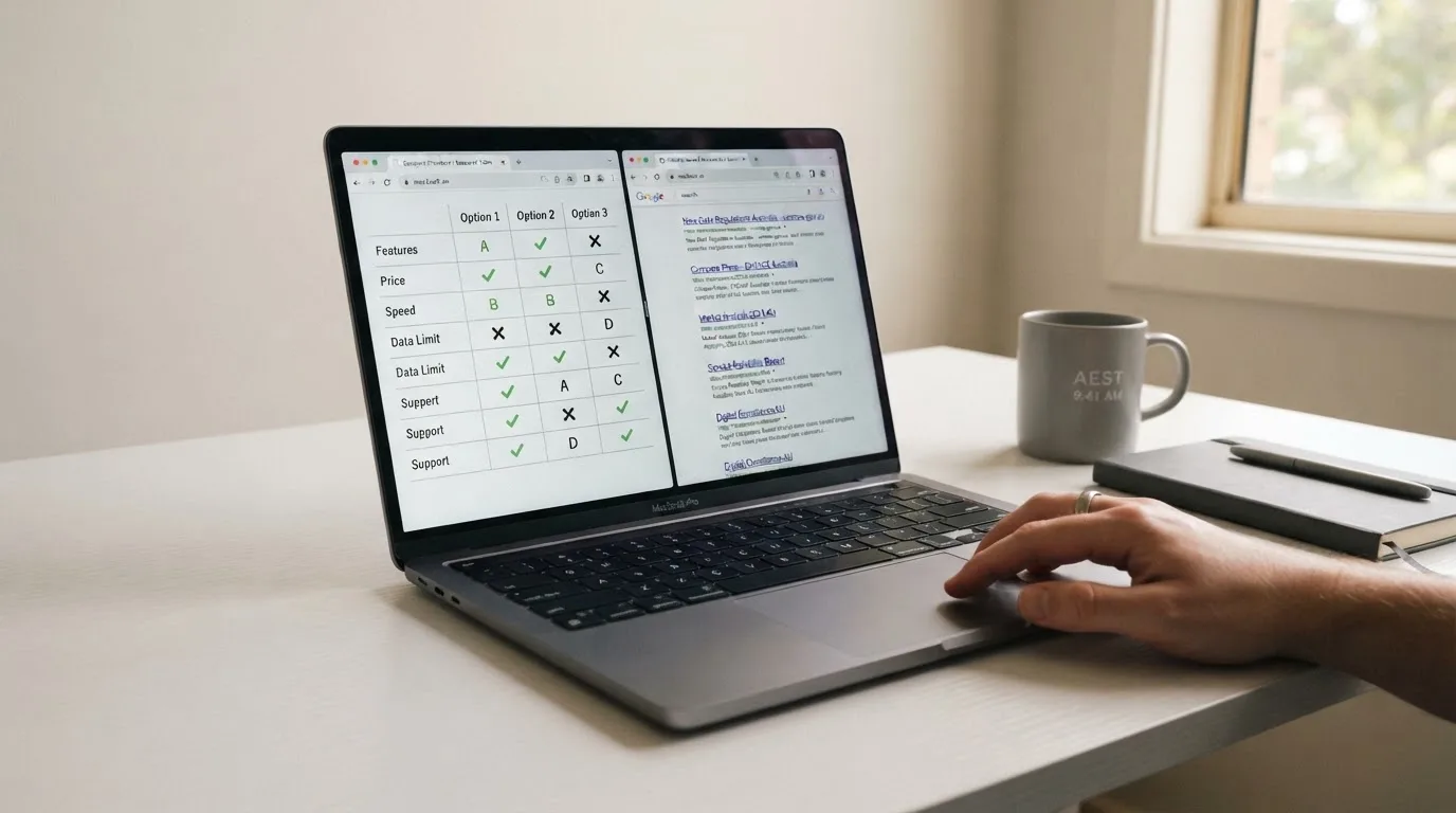 A laptop screen split between two browser tabs, one showing a comparison table and the other a search results page.