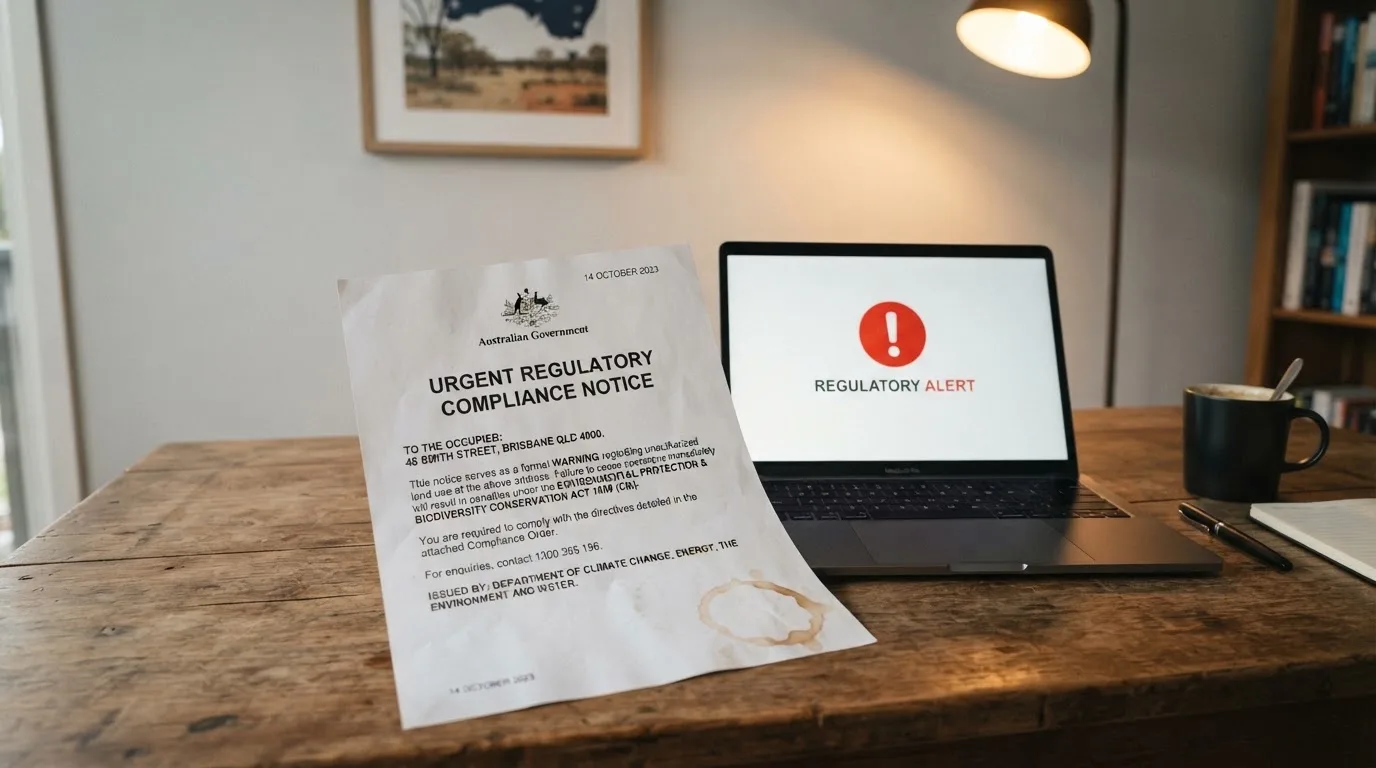 A printed government warning notice on a desk beside a laptop with a red alert icon on the screen.