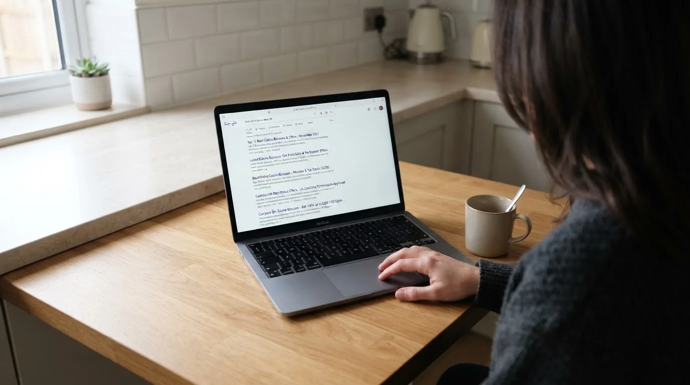 A person sits at a kitchen table, scrolling a laptop showing a general search results page about casino bonus offers.