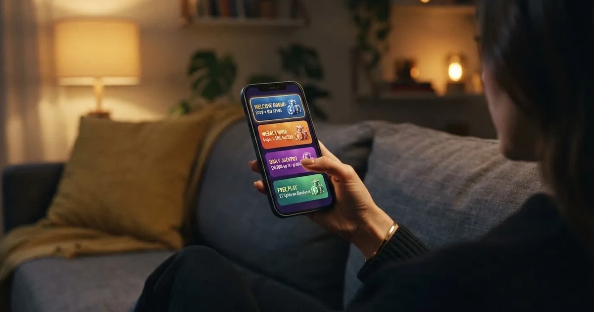 A phone screen shows a list of promotional bonus tiles as someone scrolls with one thumb on a couch in the evening.