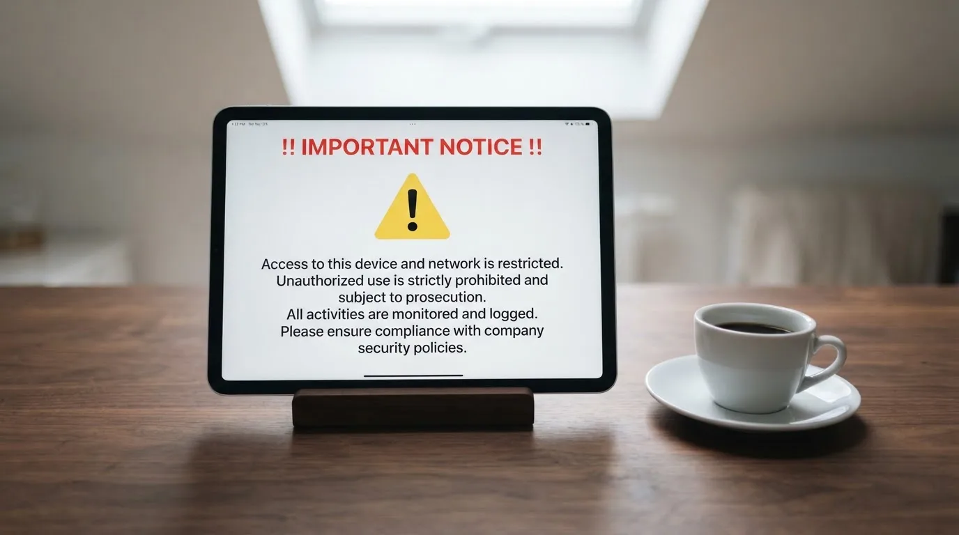 A tablet on a desk displays a plain government-style warning notice page, with a coffee cup beside it.
