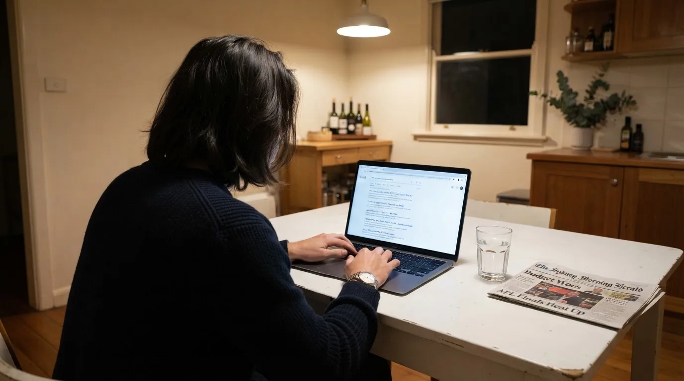 A person sits at a kitchen table, scrolling a laptop showing a general search results page about new casino sites.