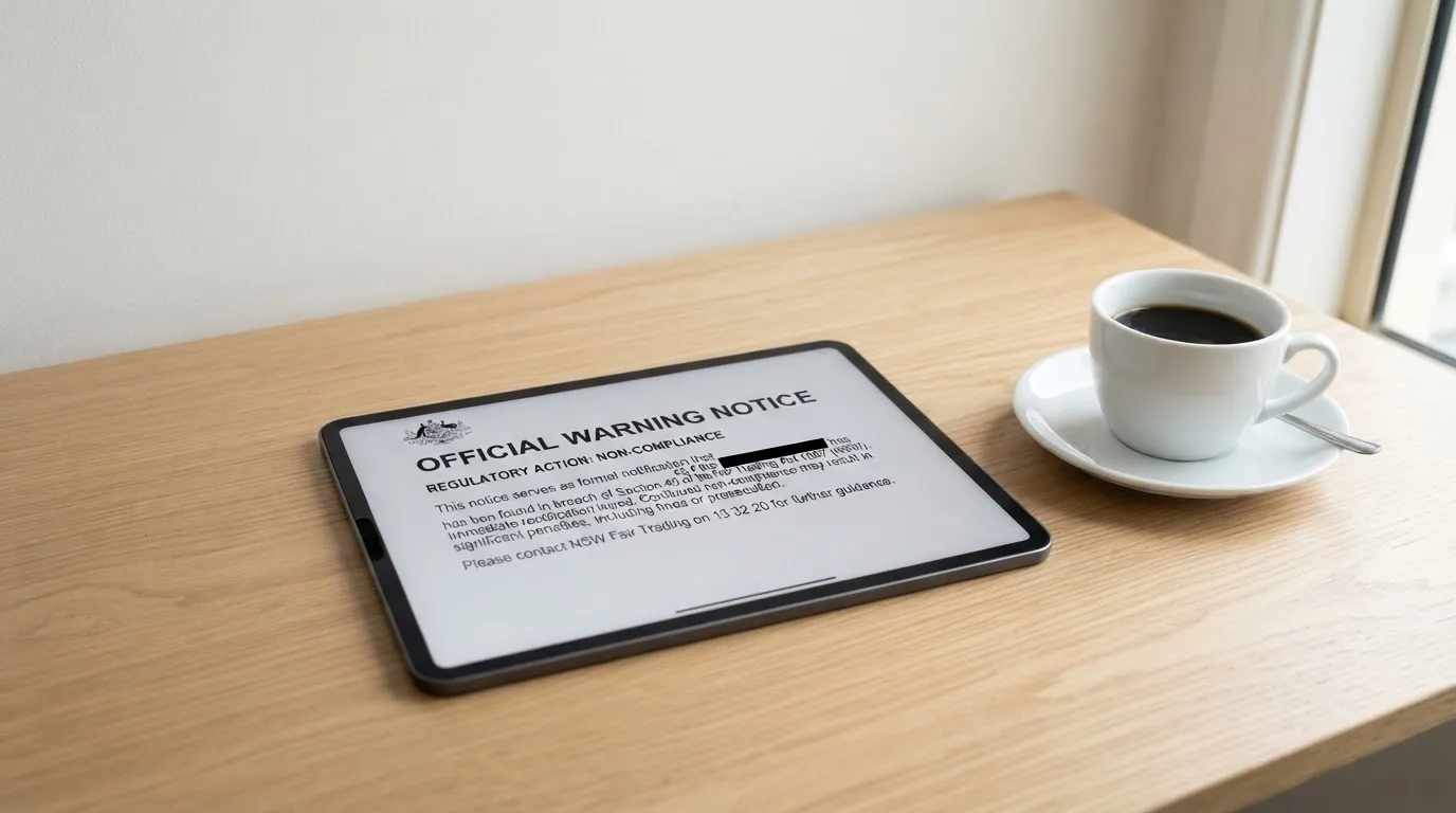 A tablet on a desk displays a plain government-style warning notice page, with a coffee cup beside it.