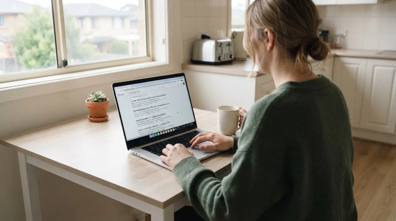 A person sits at a kitchen table, scrolling a laptop showing a general search results page about new casino sites.