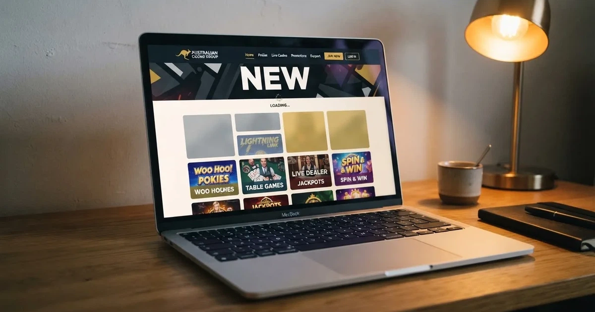 A laptop screen shows a freshly loading website homepage with a 'new' banner, on a plain desk.